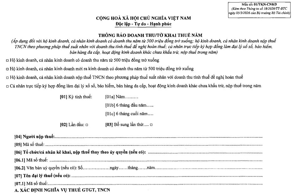Tờ khai thuế Mẫu số 01/TKN-CNKD