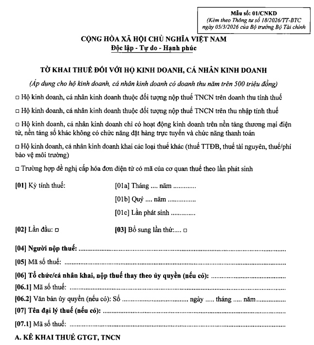 Tờ khai thuế đối với hộ kinh doanh, cá nhân kinh doanh 01/CNKD